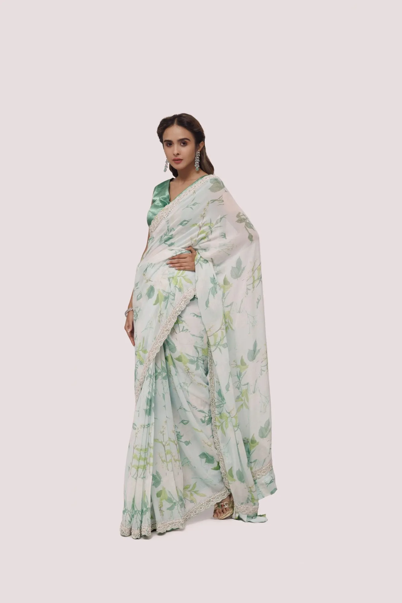 90Z830-RO Sea Green Georgette Print Saree With Blouse