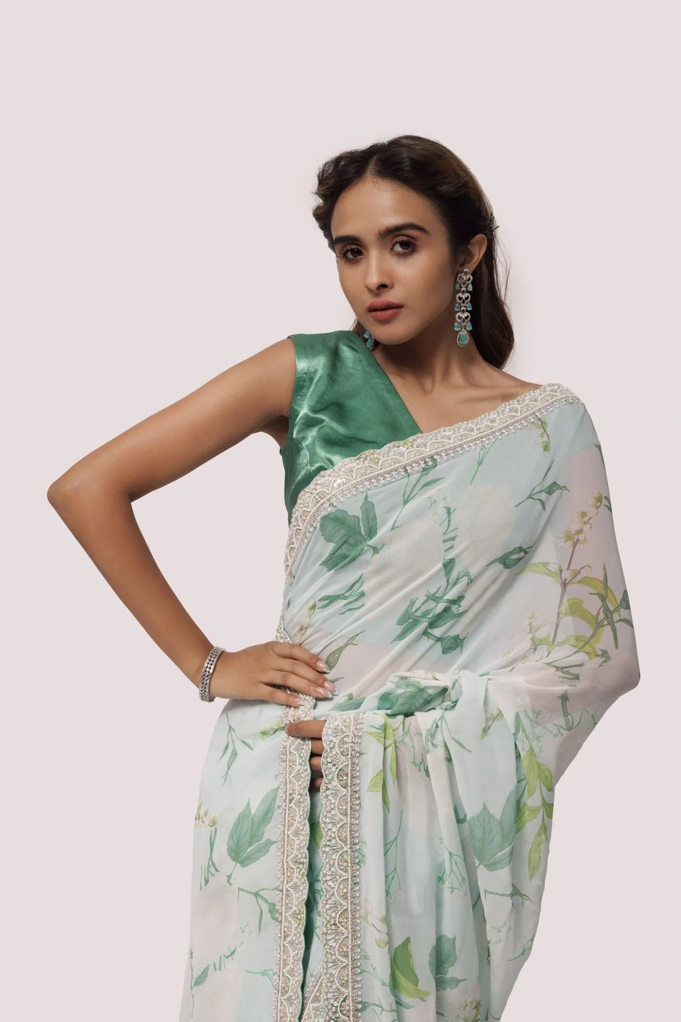 90Z830-RO Sea Green Georgette Print Saree With Blouse