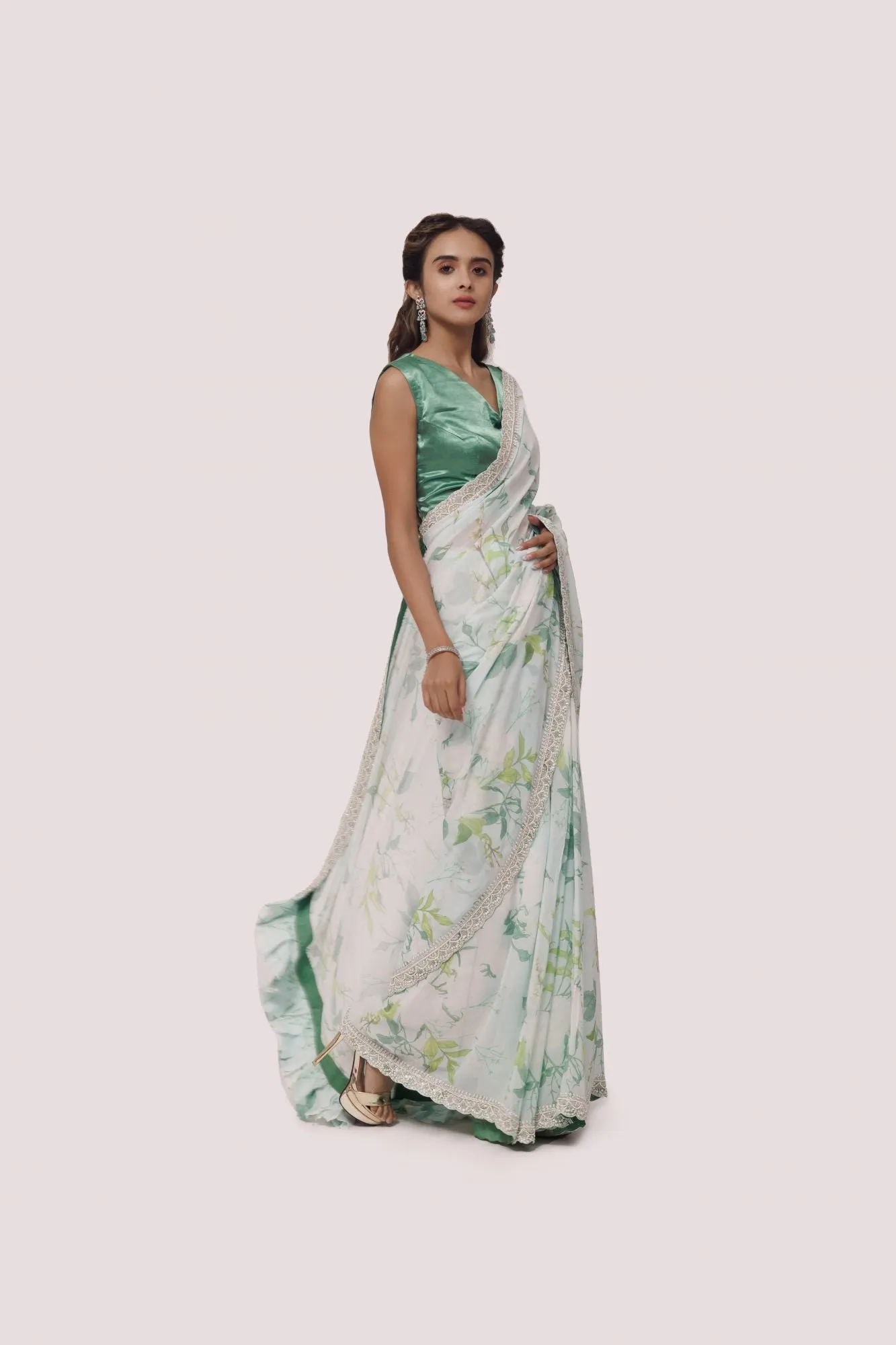 90Z830-RO Sea Green Georgette Print Saree With Blouse