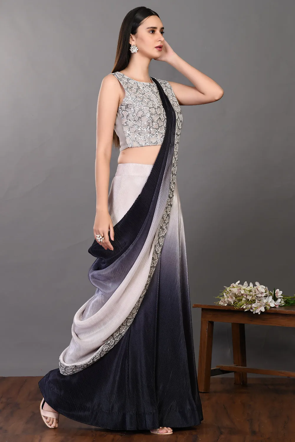 90Z942-RO Grey Black Dual Toned Silk Saree Set