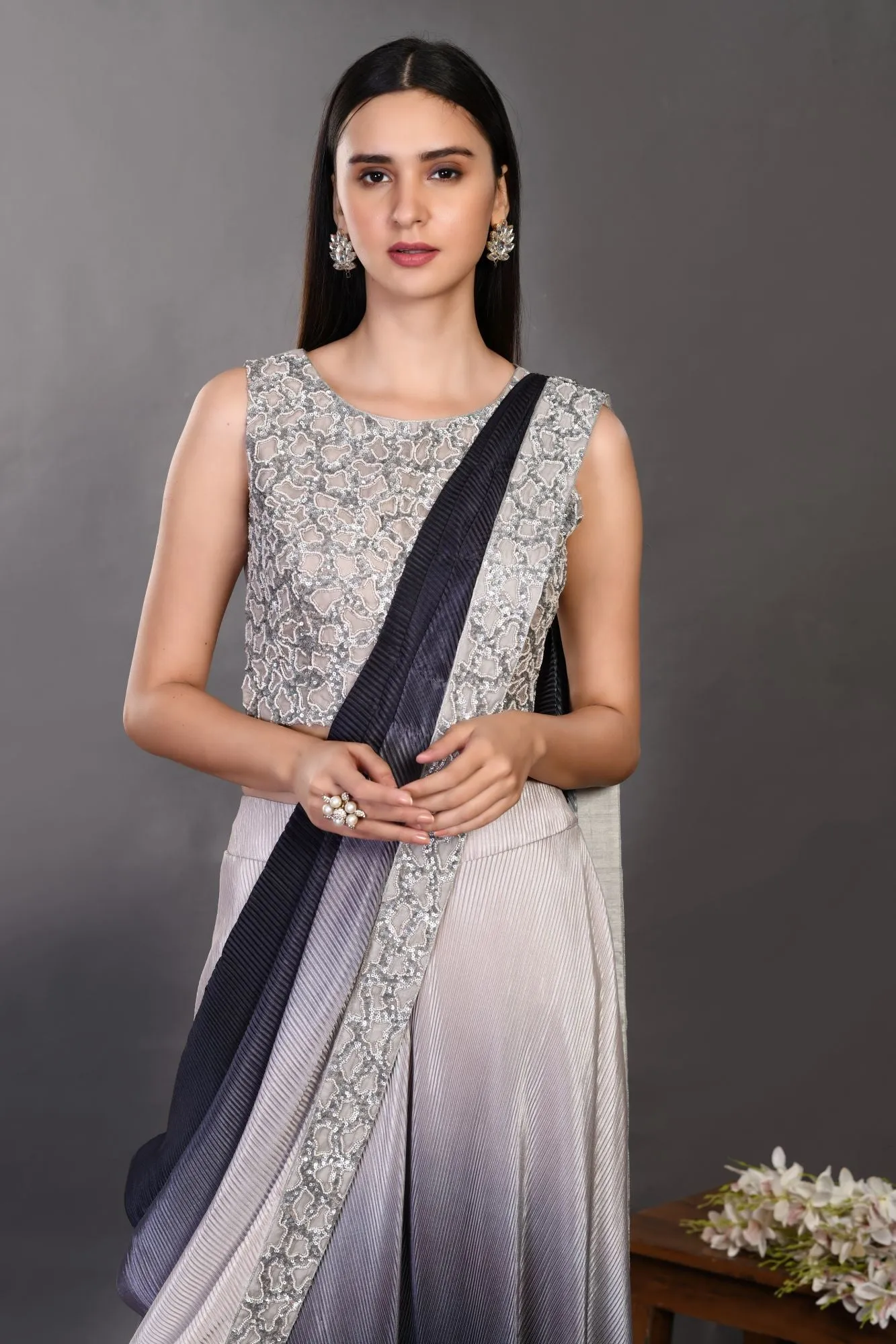 90Z942-RO Grey Black Dual Toned Silk Saree Set