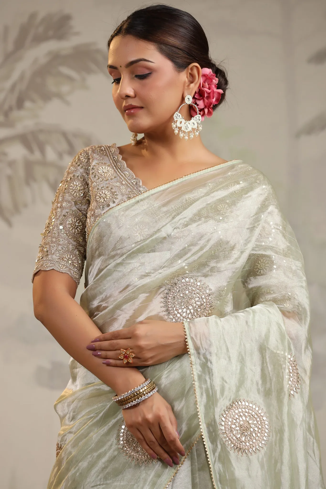 91Z201-RO Pista Green Tissue Silk Saree with Embroidered Blouse