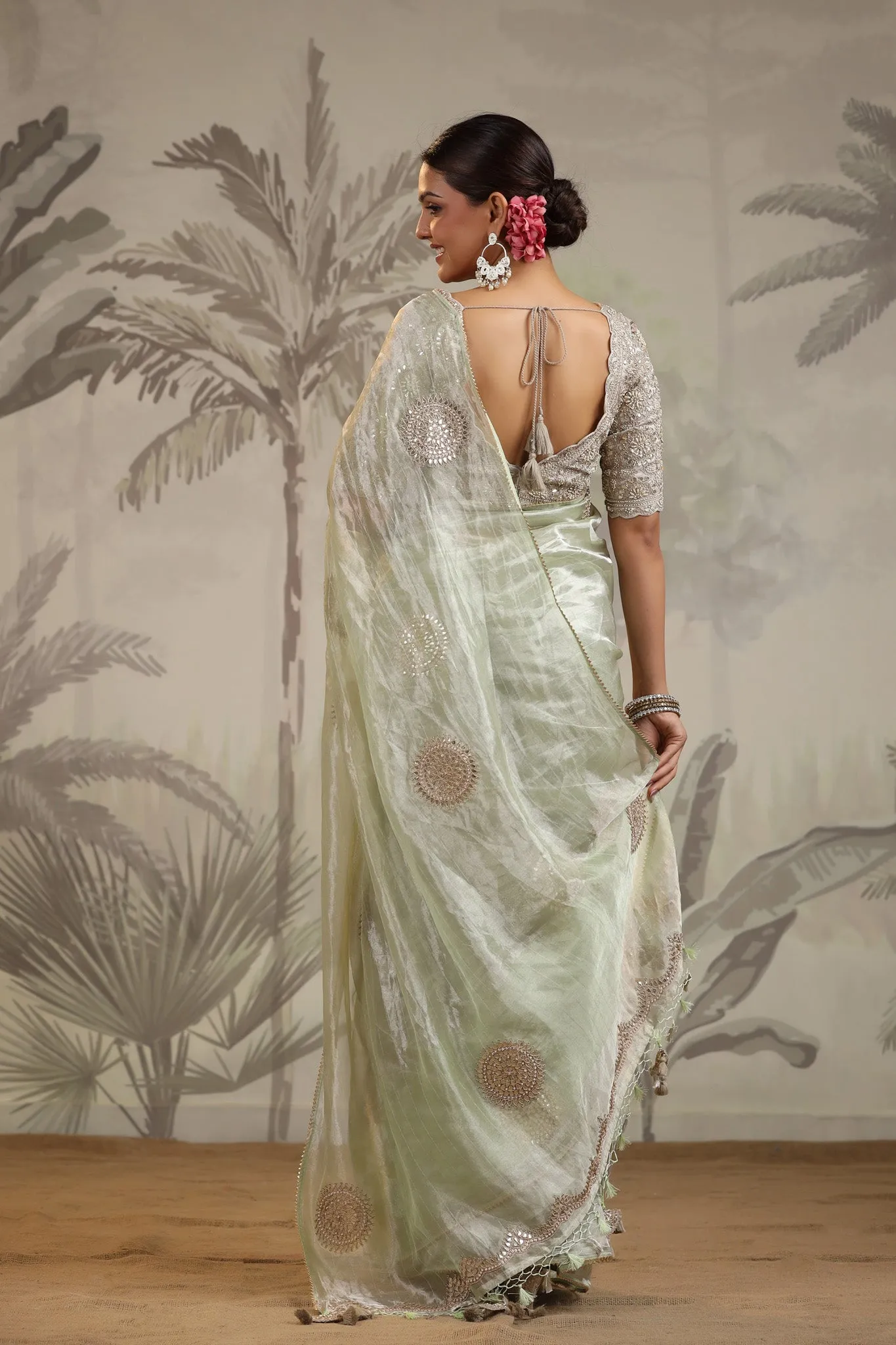 91Z201-RO Pista Green Tissue Silk Saree with Embroidered Blouse