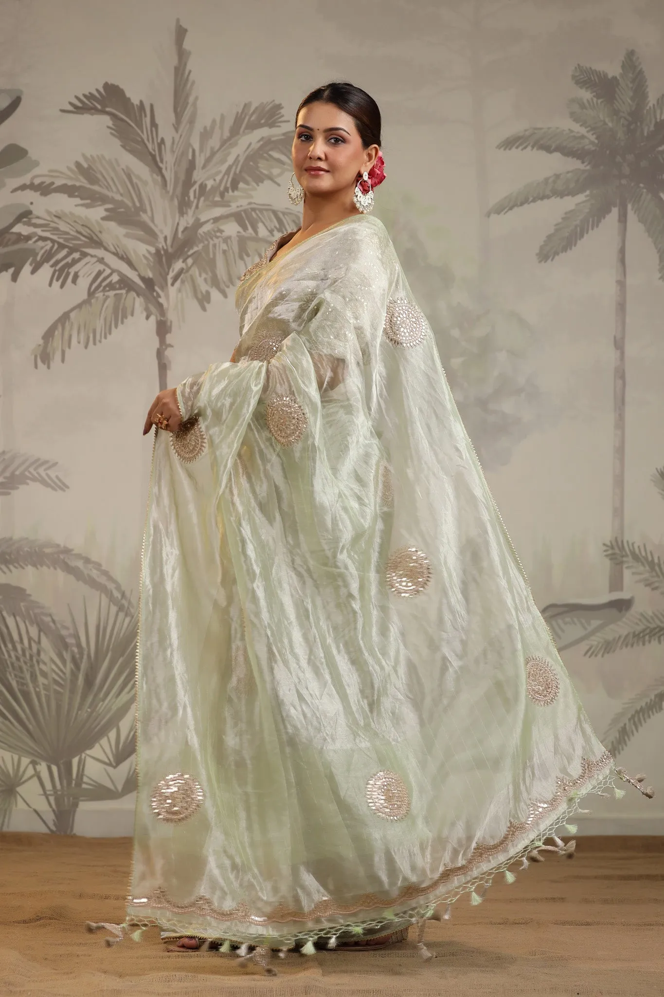 91Z201-RO Pista Green Tissue Silk Saree with Embroidered Blouse