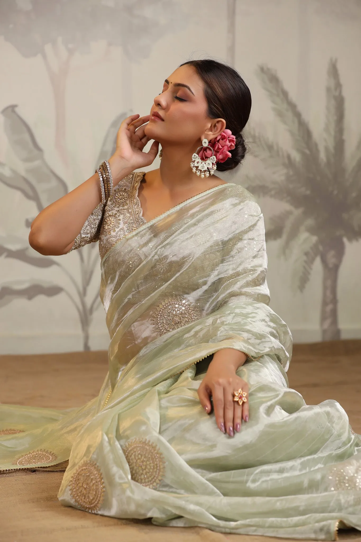 91Z201-RO Pista Green Tissue Silk Saree with Embroidered Blouse