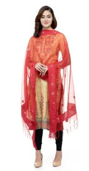 A R Silk Women's Orgenza Cotton Gota Work Red Fancy Dupatta