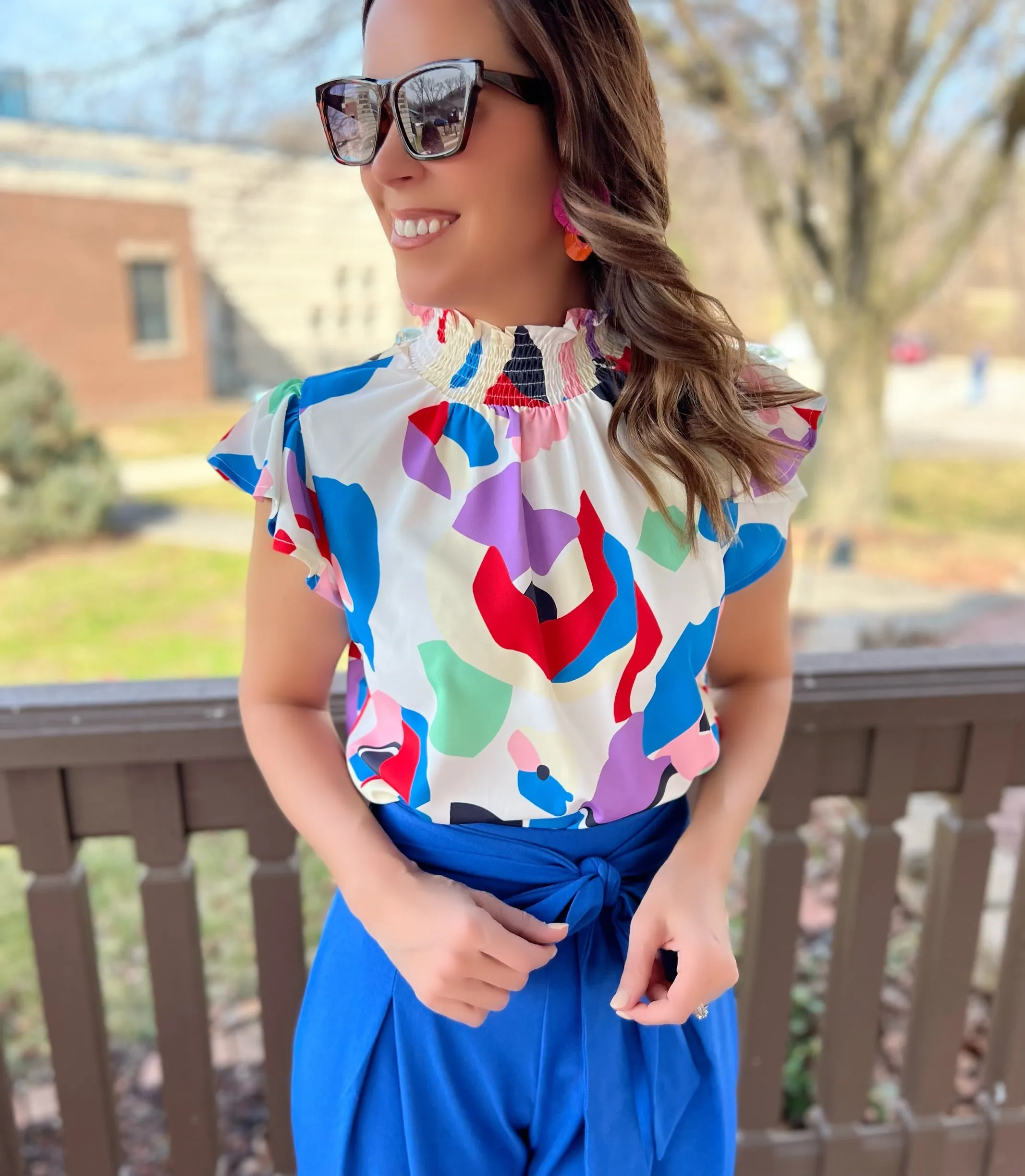 Abstract Print Ruffle Sleeve Smocked Blouse