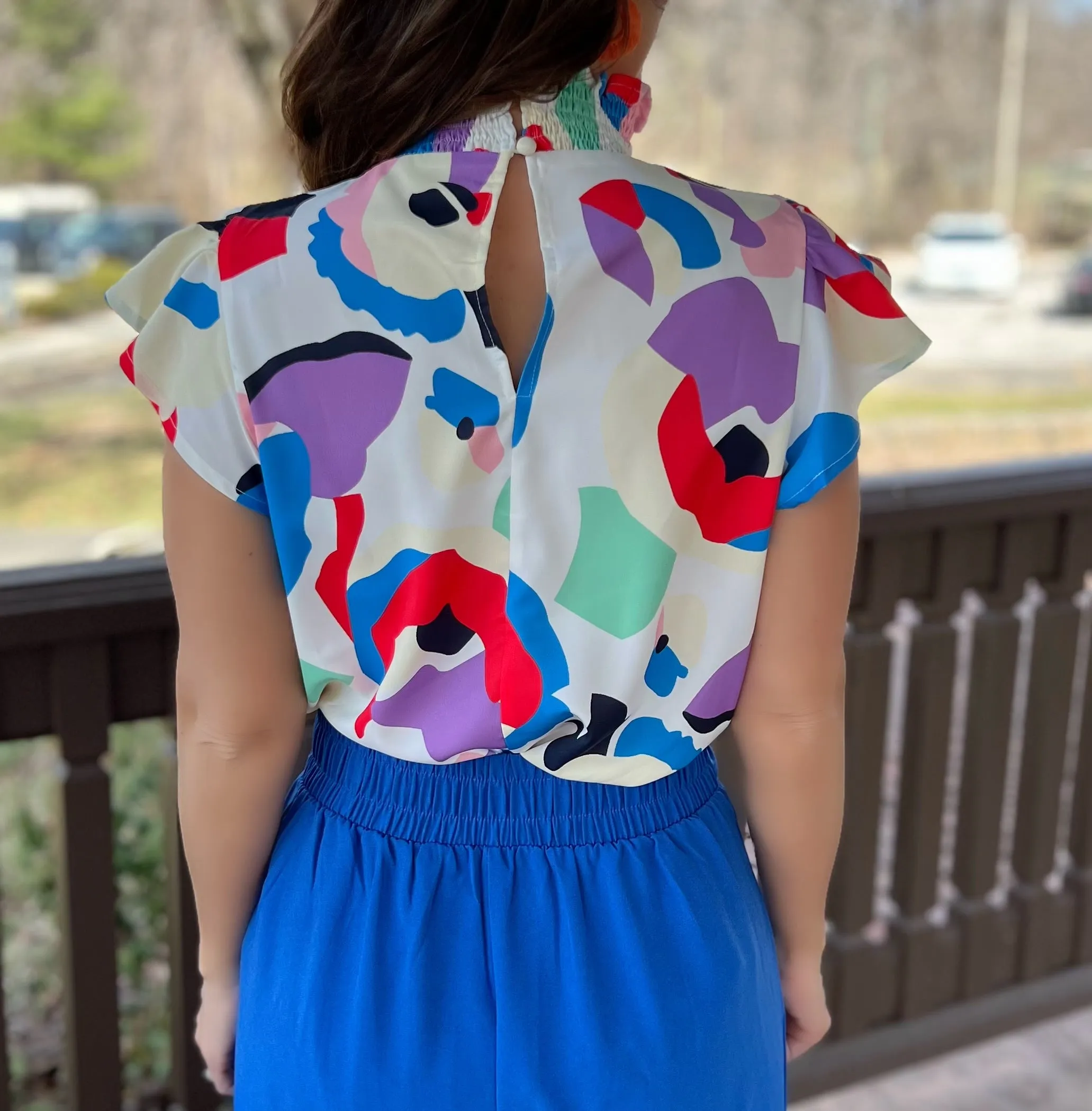 Abstract Print Ruffle Sleeve Smocked Blouse