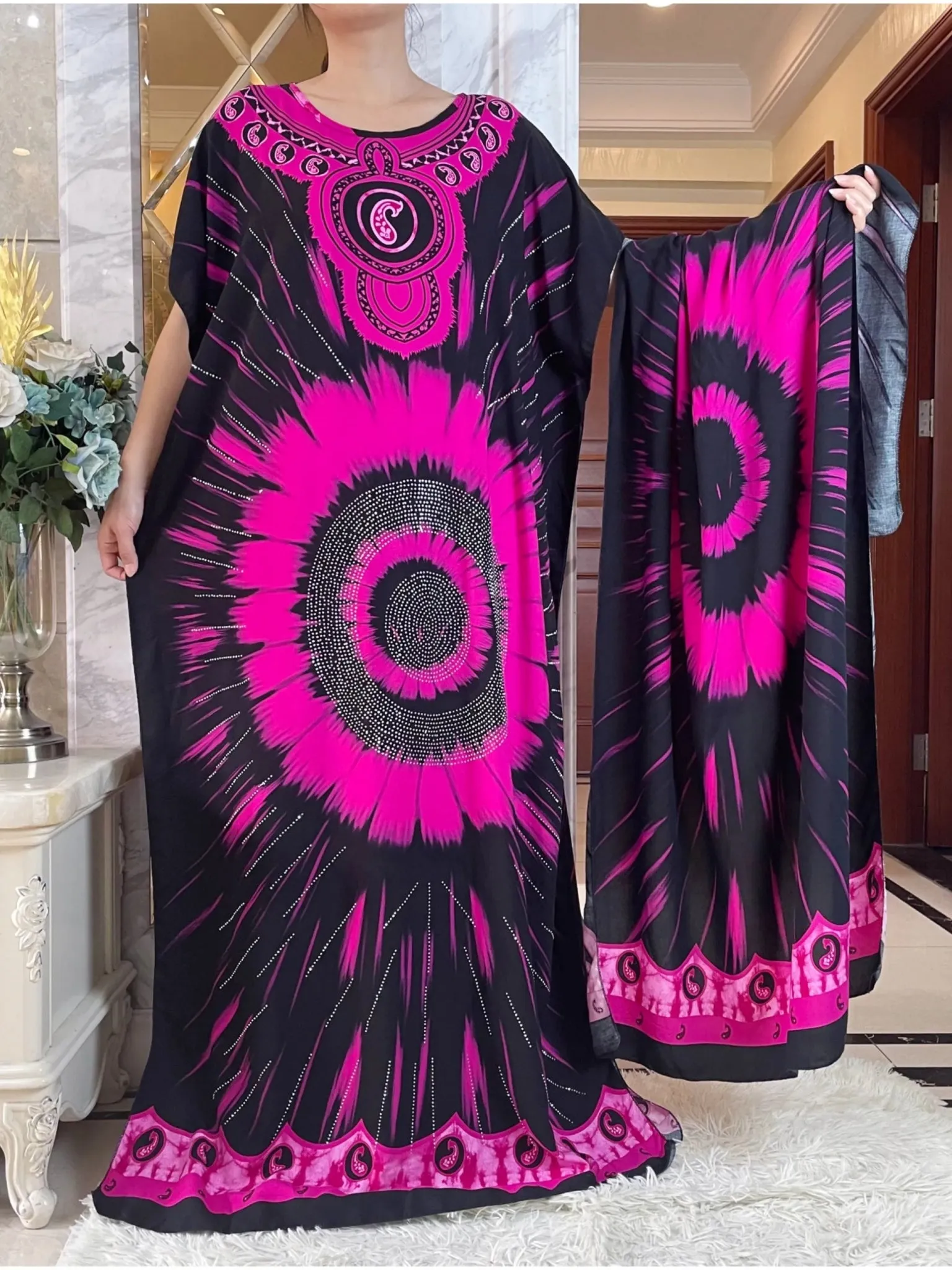 African Summer Abaya Dress: Short Sleeve Dashiki Design with Oversized Floral Scarf