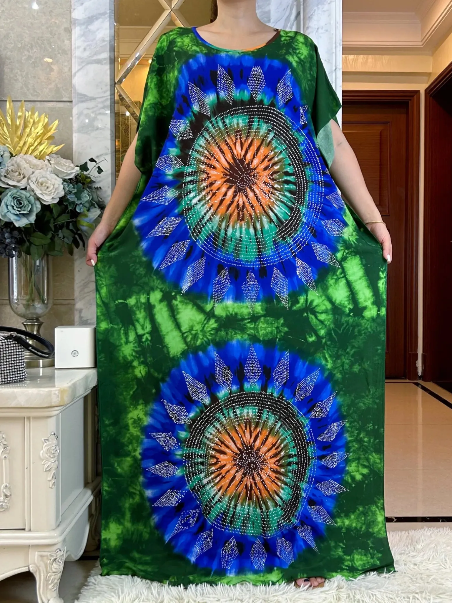 African Summer Abaya Dress: Short Sleeve Dashiki Design with Oversized Floral Scarf