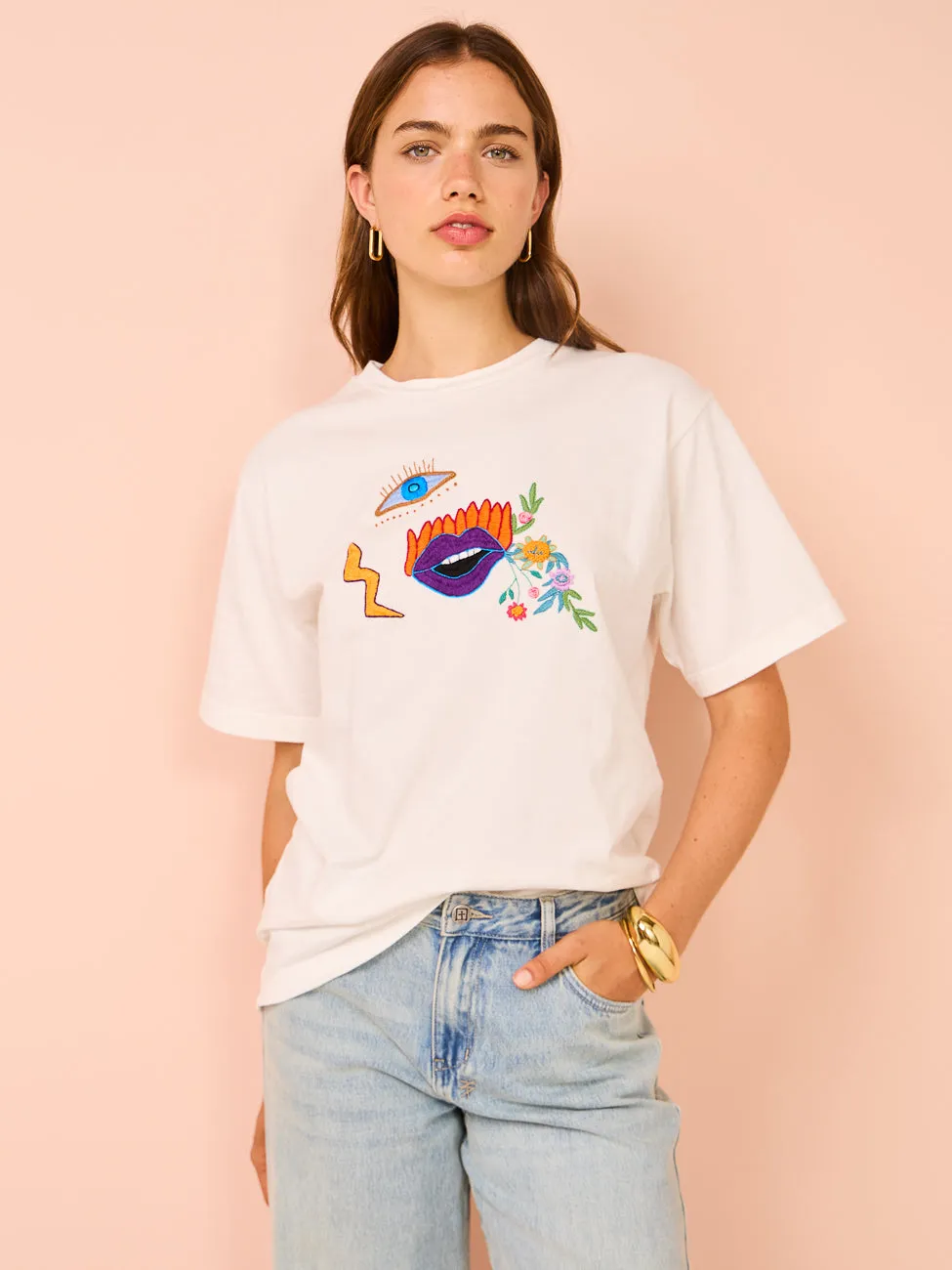 Alemais Meagan Embroidery T-Shirt in Cream