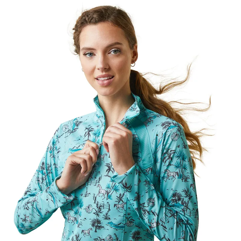 'Ariat' Women's Sunstopper 2.0 1/4 Zip Baselayer - Pool Blue Oasis Print