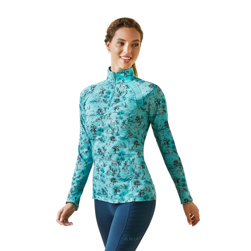 'Ariat' Women's Sunstopper 2.0 1/4 Zip Baselayer - Pool Blue Oasis Print