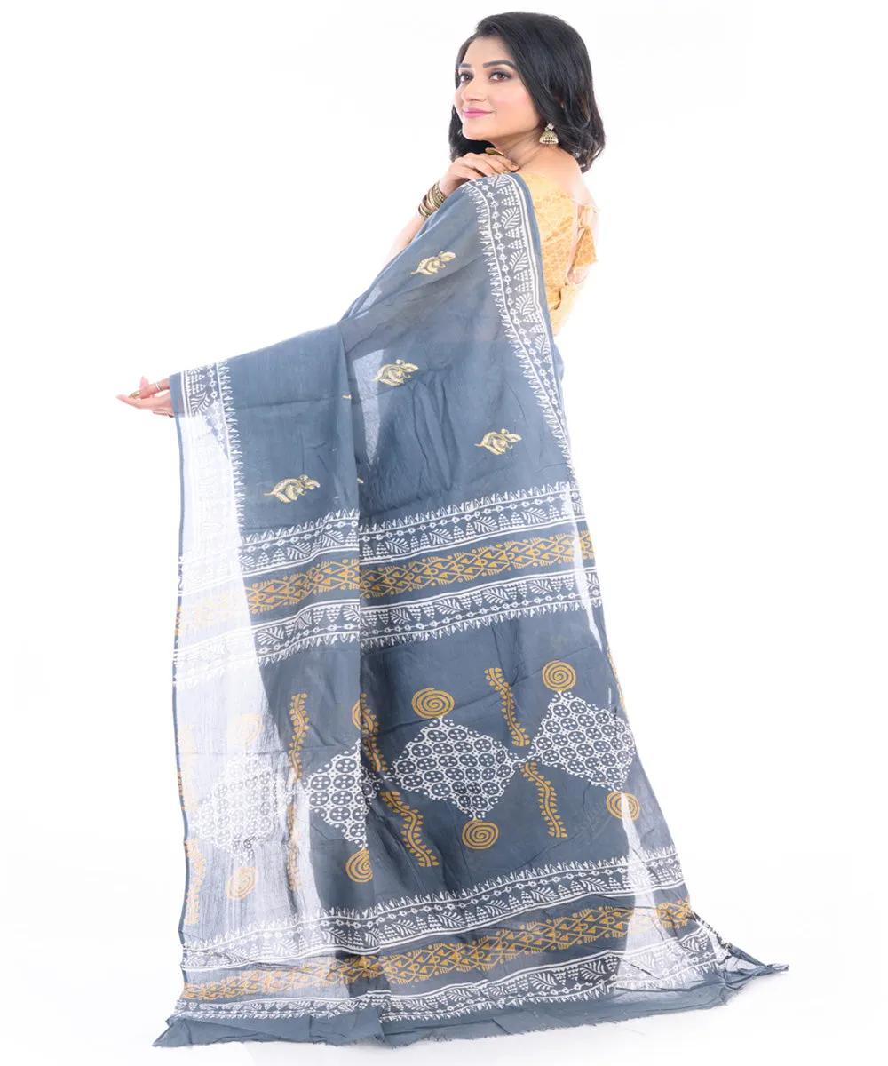 Ash grey cotton hand block printed bengal saree