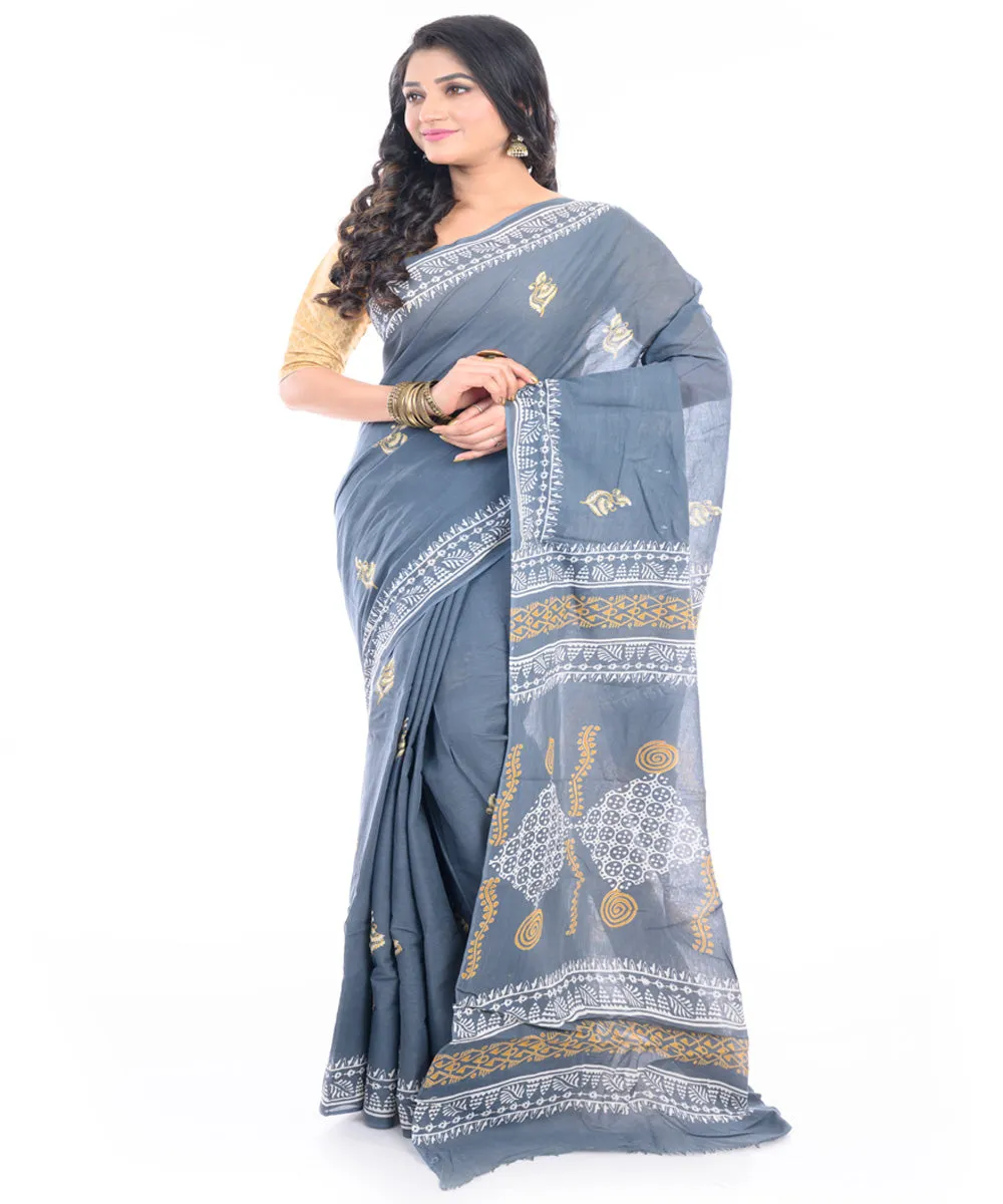 Ash grey cotton hand block printed bengal saree