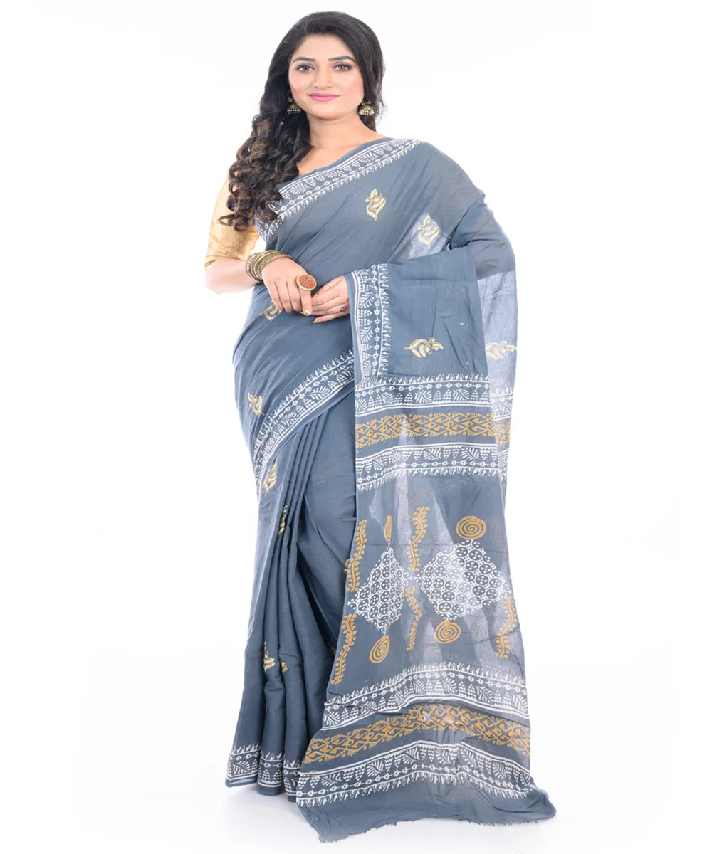 Ash grey cotton hand block printed bengal saree