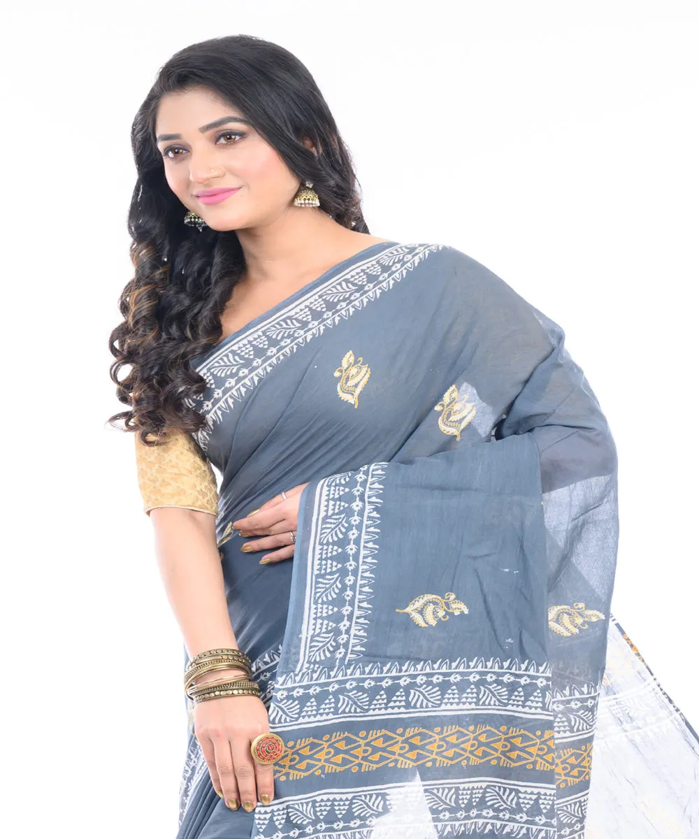 Ash grey cotton hand block printed bengal saree