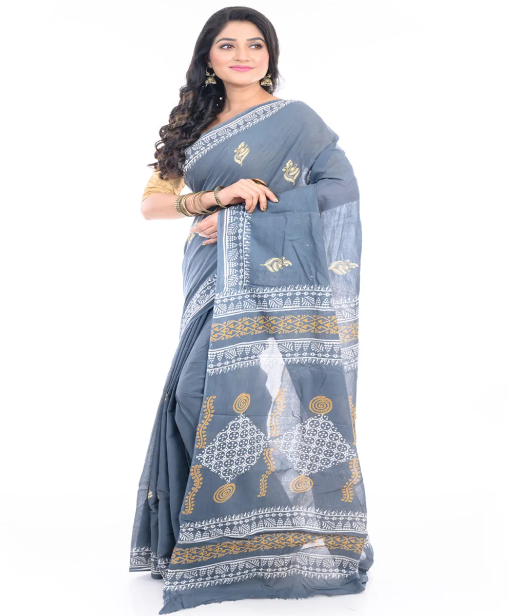 Ash grey cotton hand block printed bengal saree