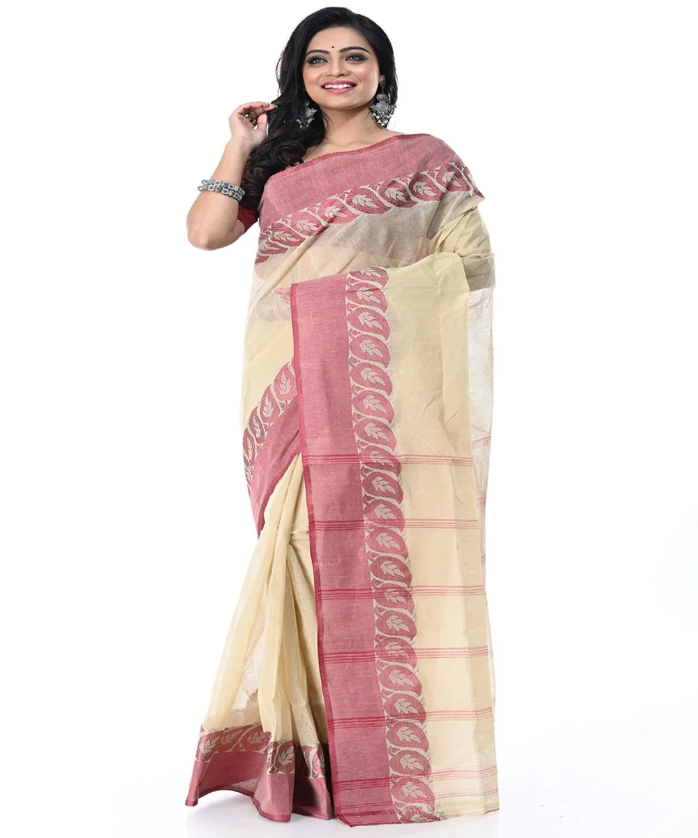 Beige pink handwoven cotton tangail saree