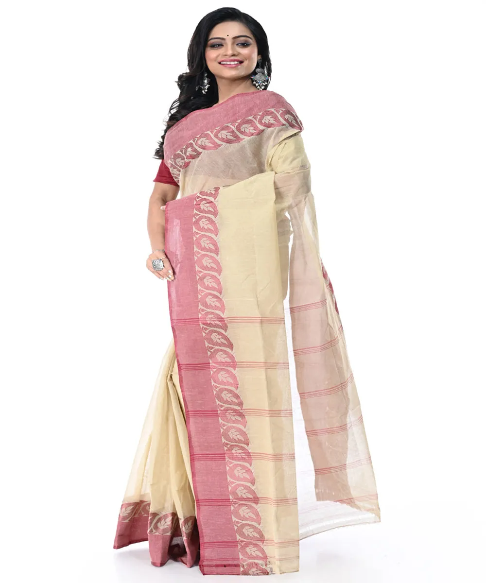 Beige pink handwoven cotton tangail saree