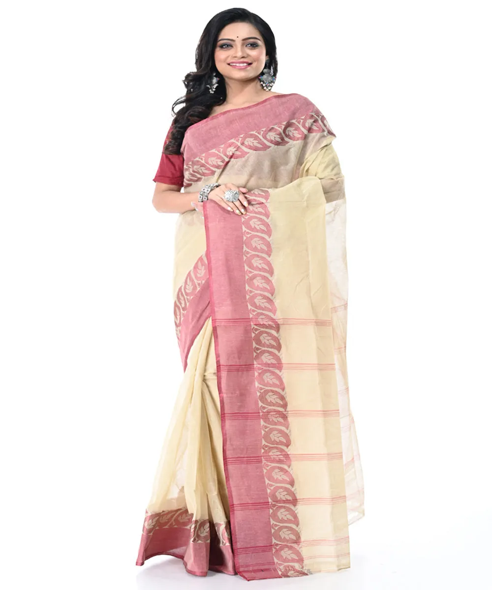 Beige pink handwoven cotton tangail saree