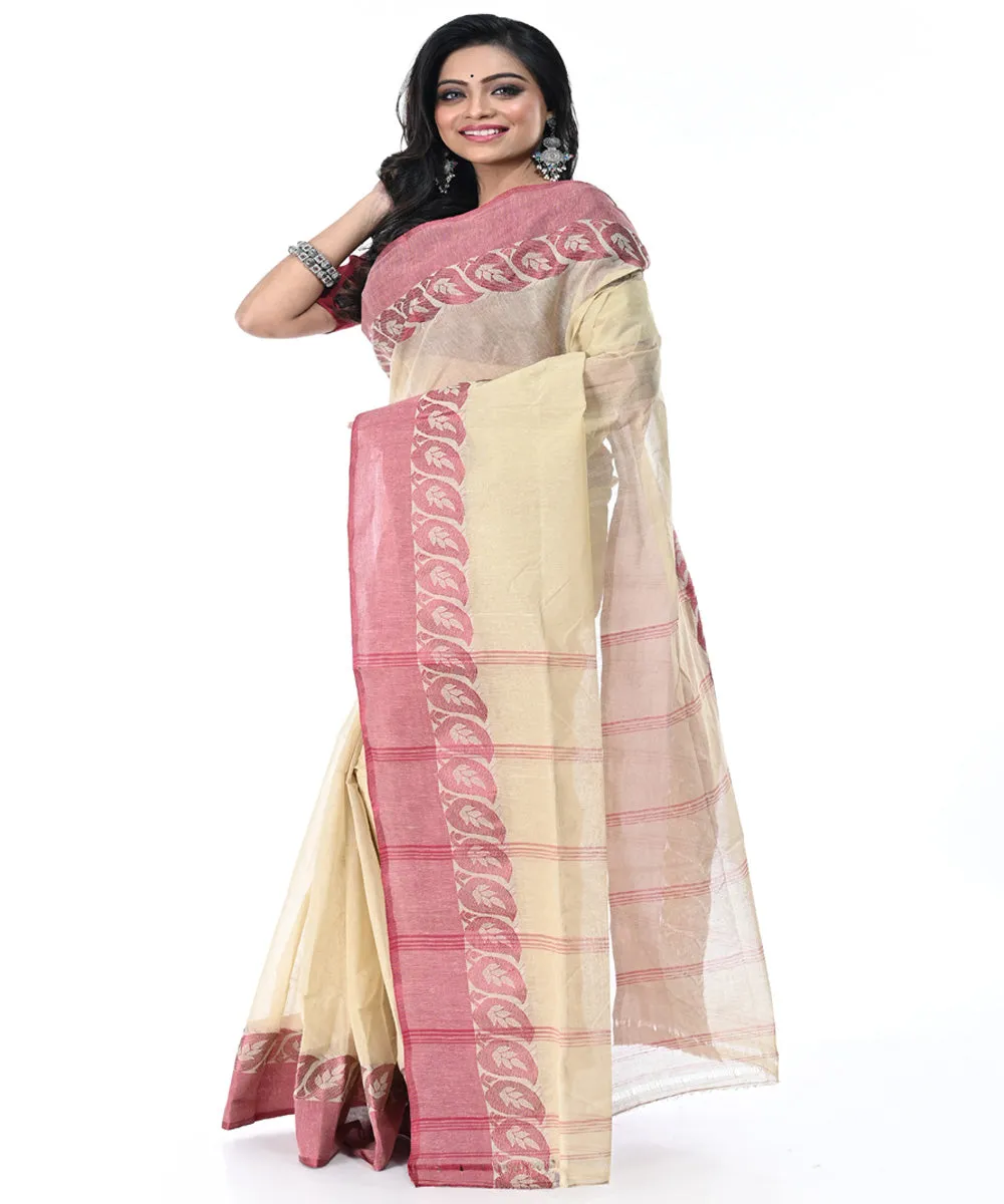 Beige pink handwoven cotton tangail saree