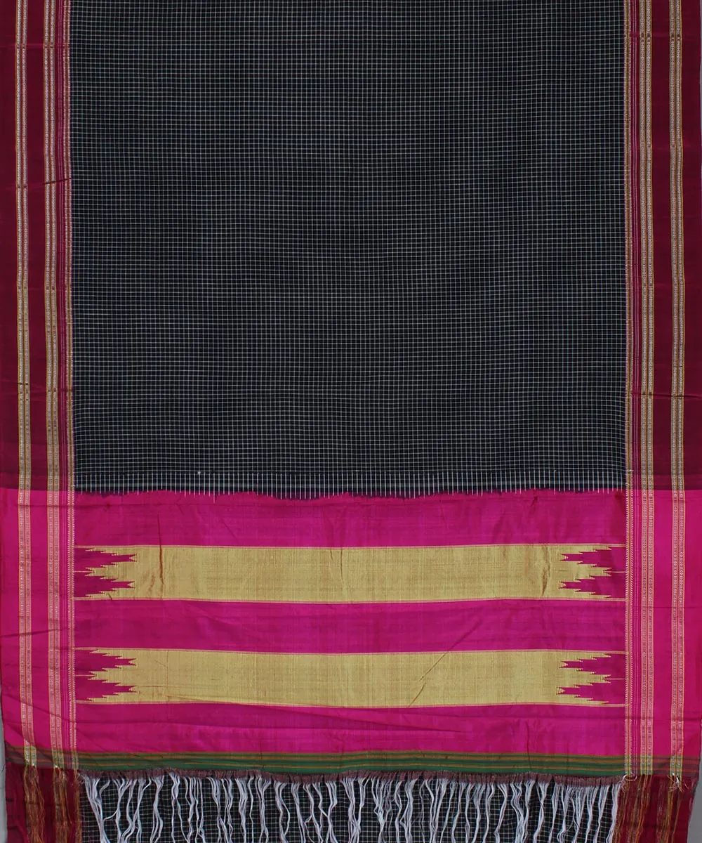 Black check pink gayatri border handwoven ilkal cotton silk saree