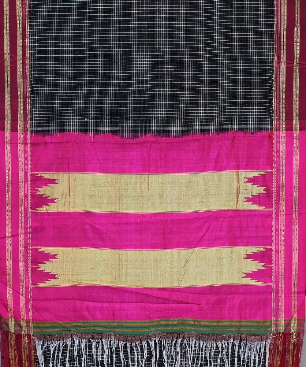 Black check pink gayatri border handwoven ilkal cotton silk saree