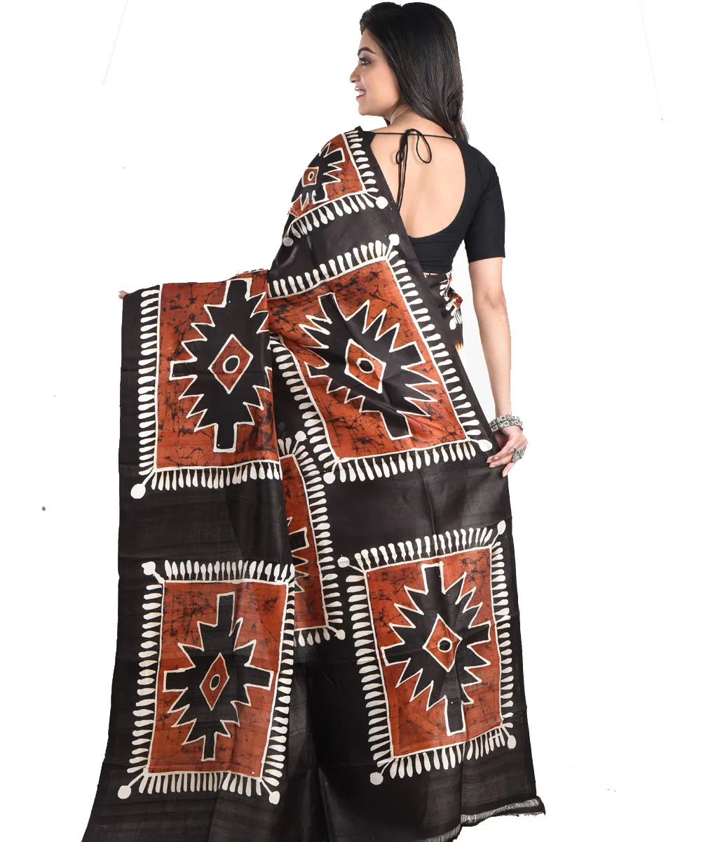 Black cream silk handloom batik print saree