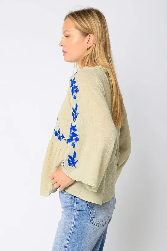 Blue Floral Embroidered Top