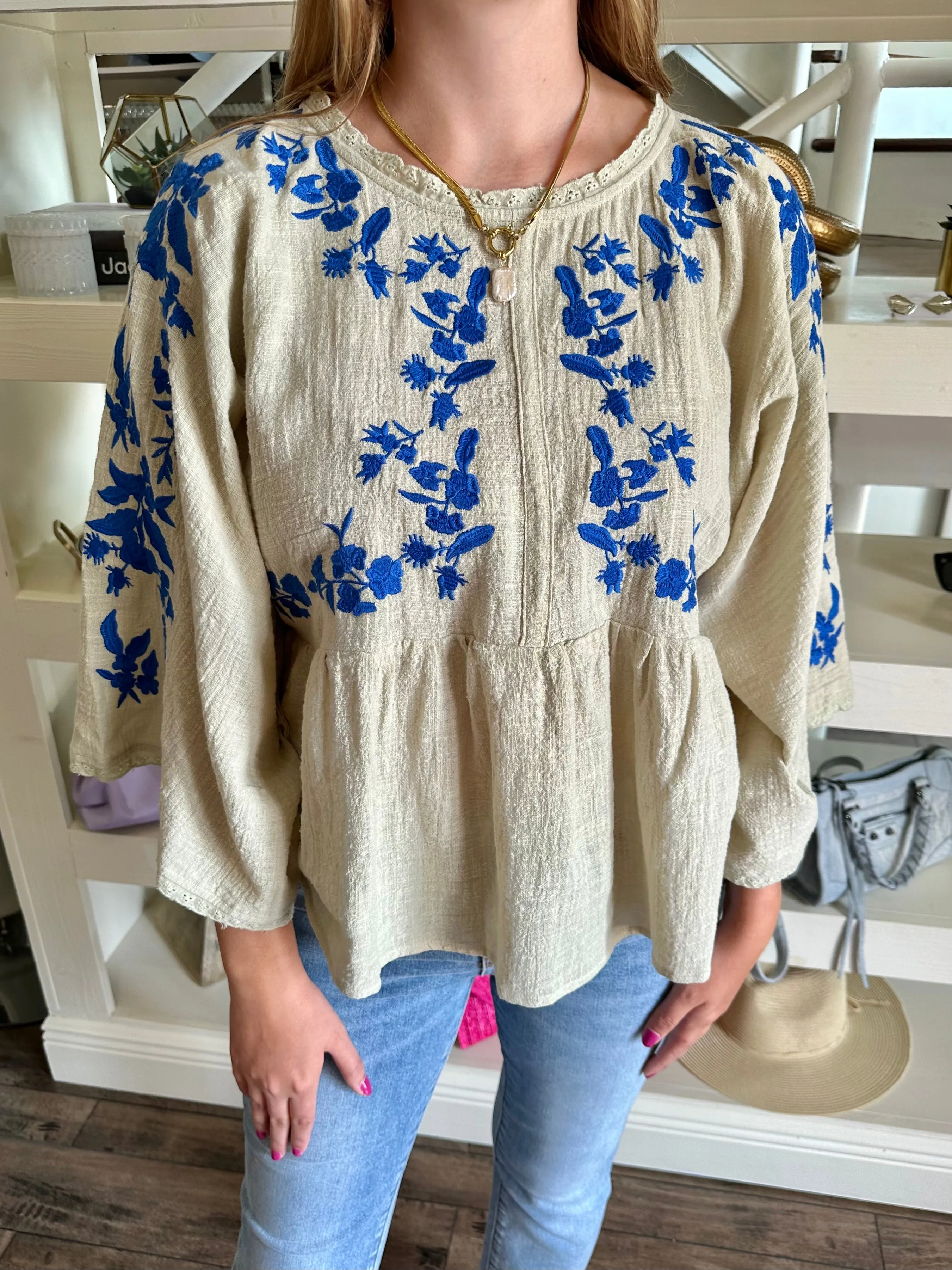 Blue Floral Embroidered Top