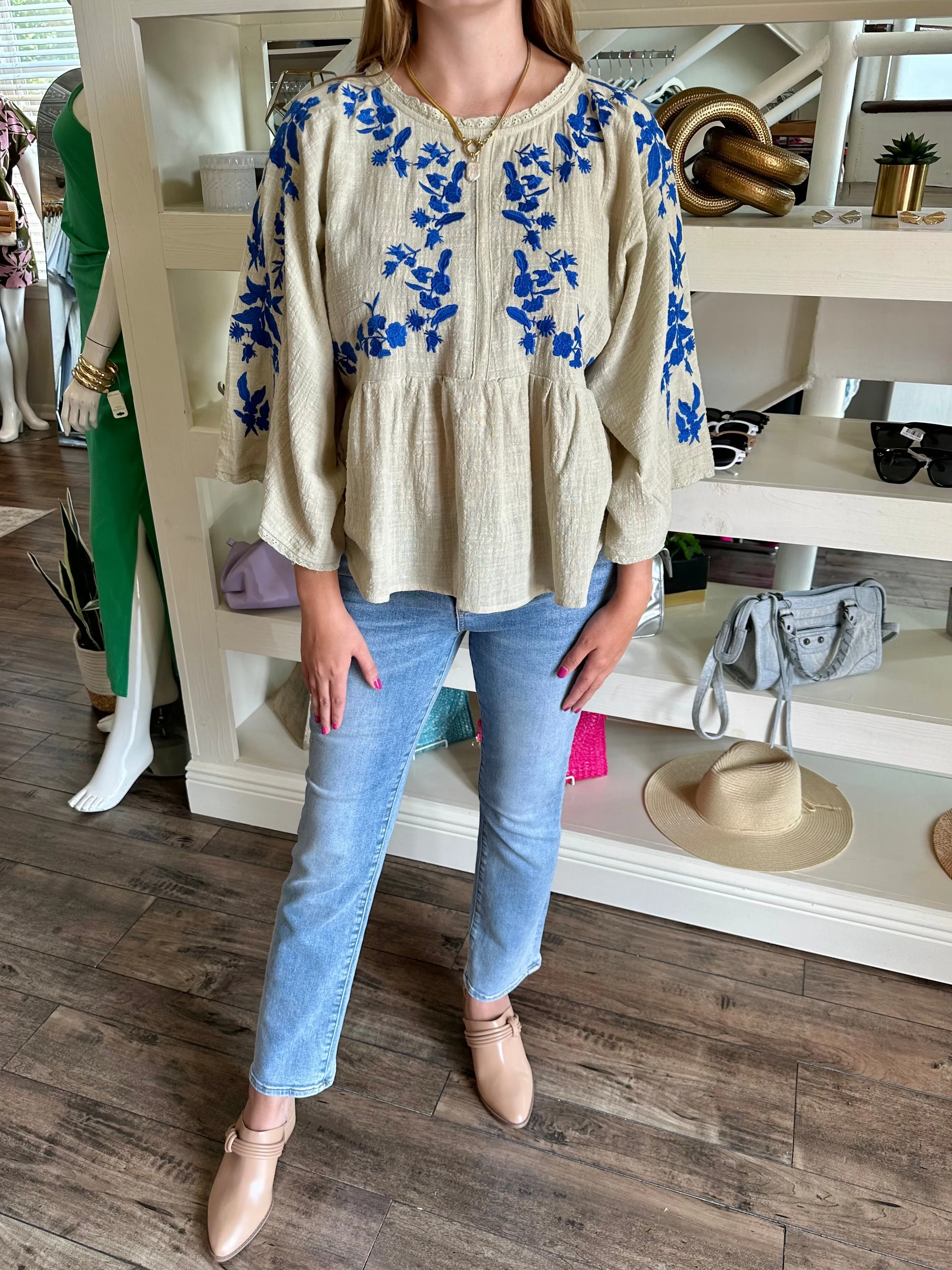 Blue Floral Embroidered Top