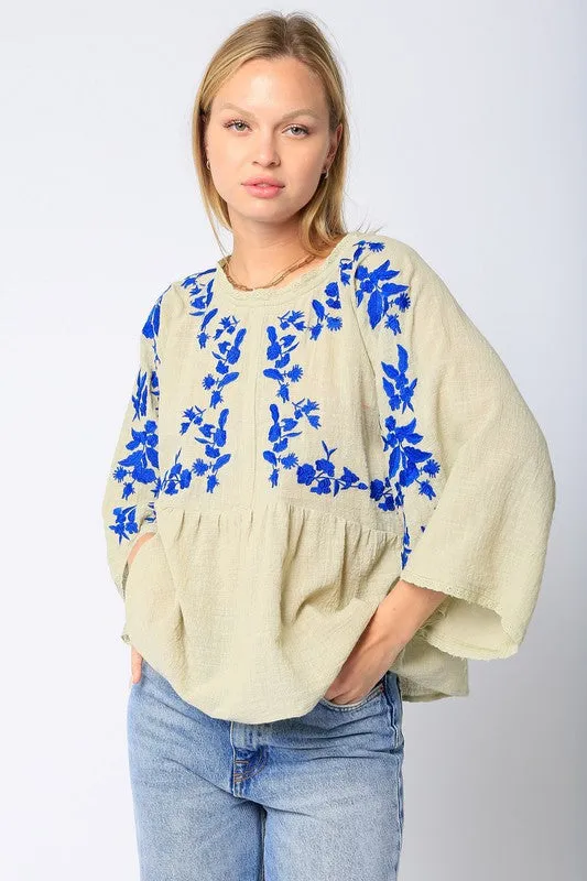 Blue Floral Embroidered Top