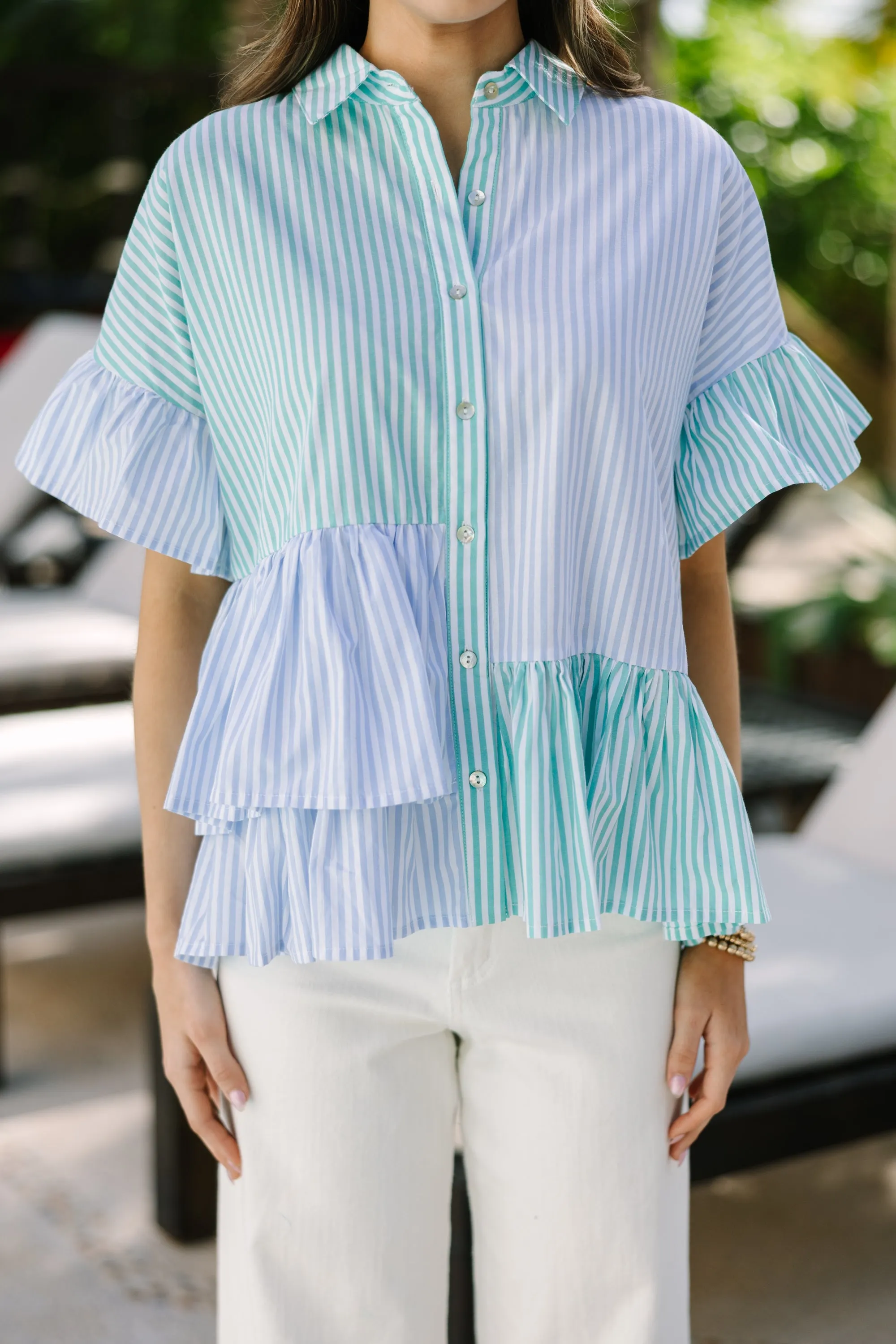 Call On You Green Striped Blouse