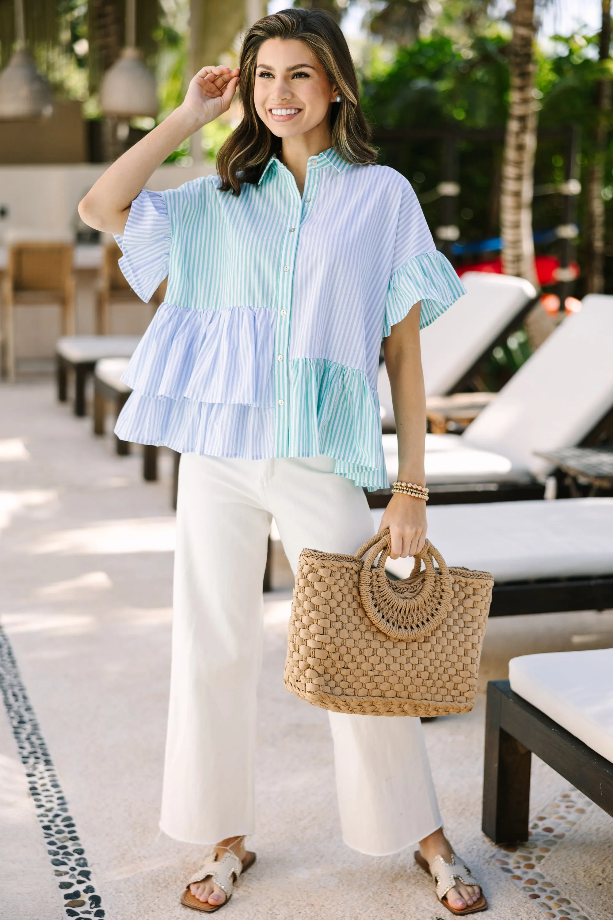 Call On You Green Striped Blouse