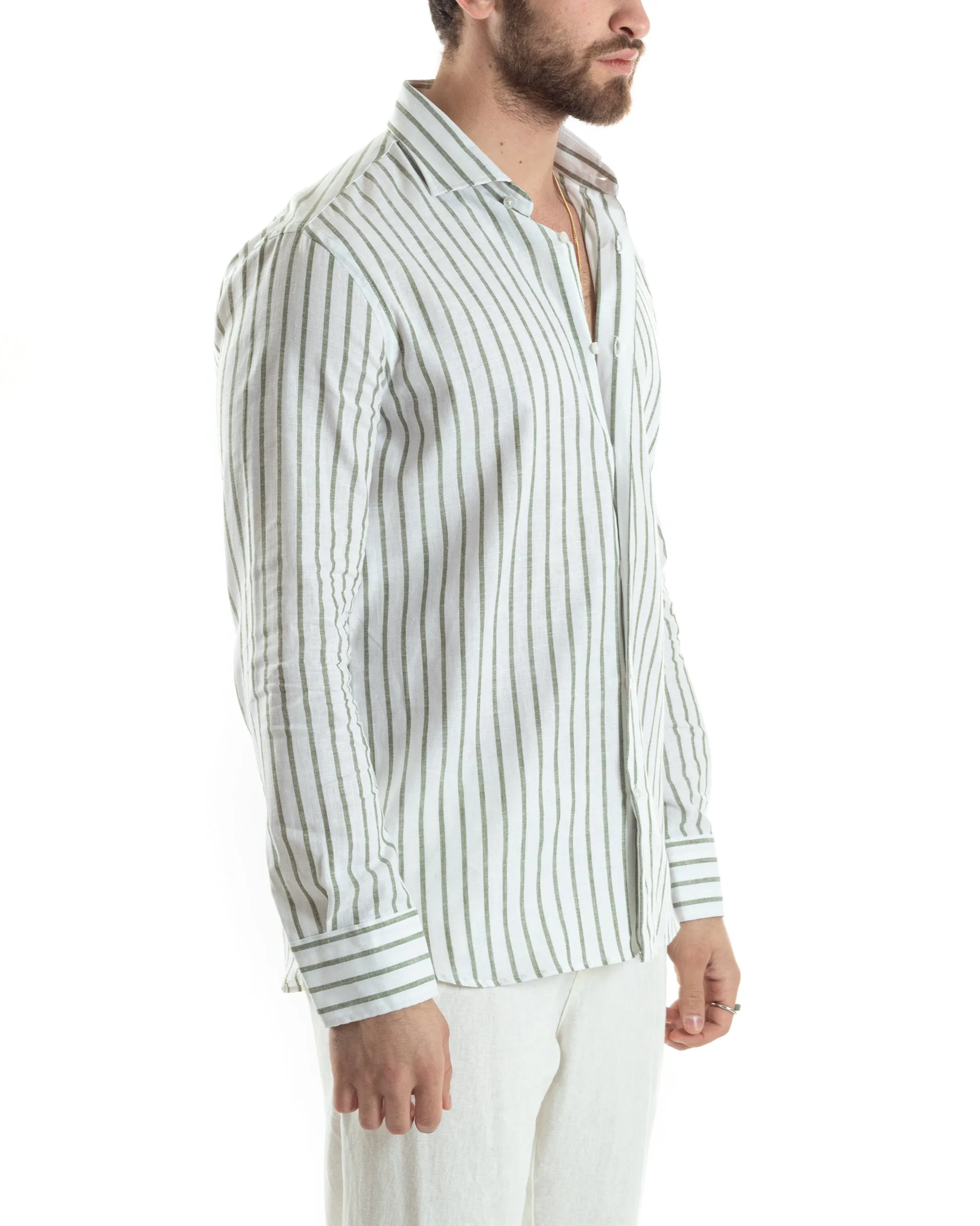 Camicia Uomo Con Colletto Francese Manica Lunga Lino Riga Stretta Casual Verde GIOSAL-C2749A