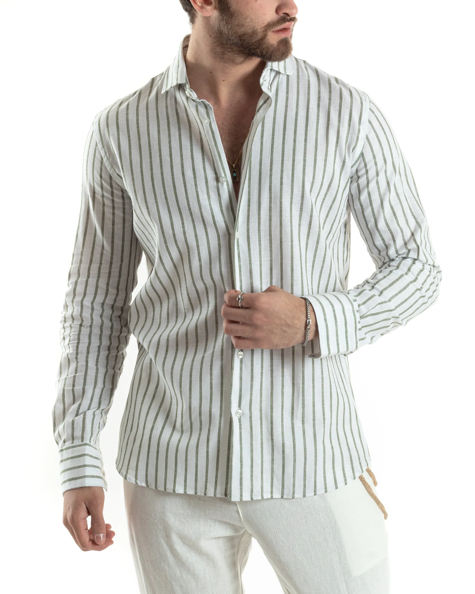 Camicia Uomo Con Colletto Francese Manica Lunga Lino Riga Stretta Casual Verde GIOSAL-C2749A