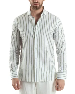 Camicia Uomo Con Colletto Francese Manica Lunga Lino Riga Stretta Casual Verde GIOSAL-C2749A