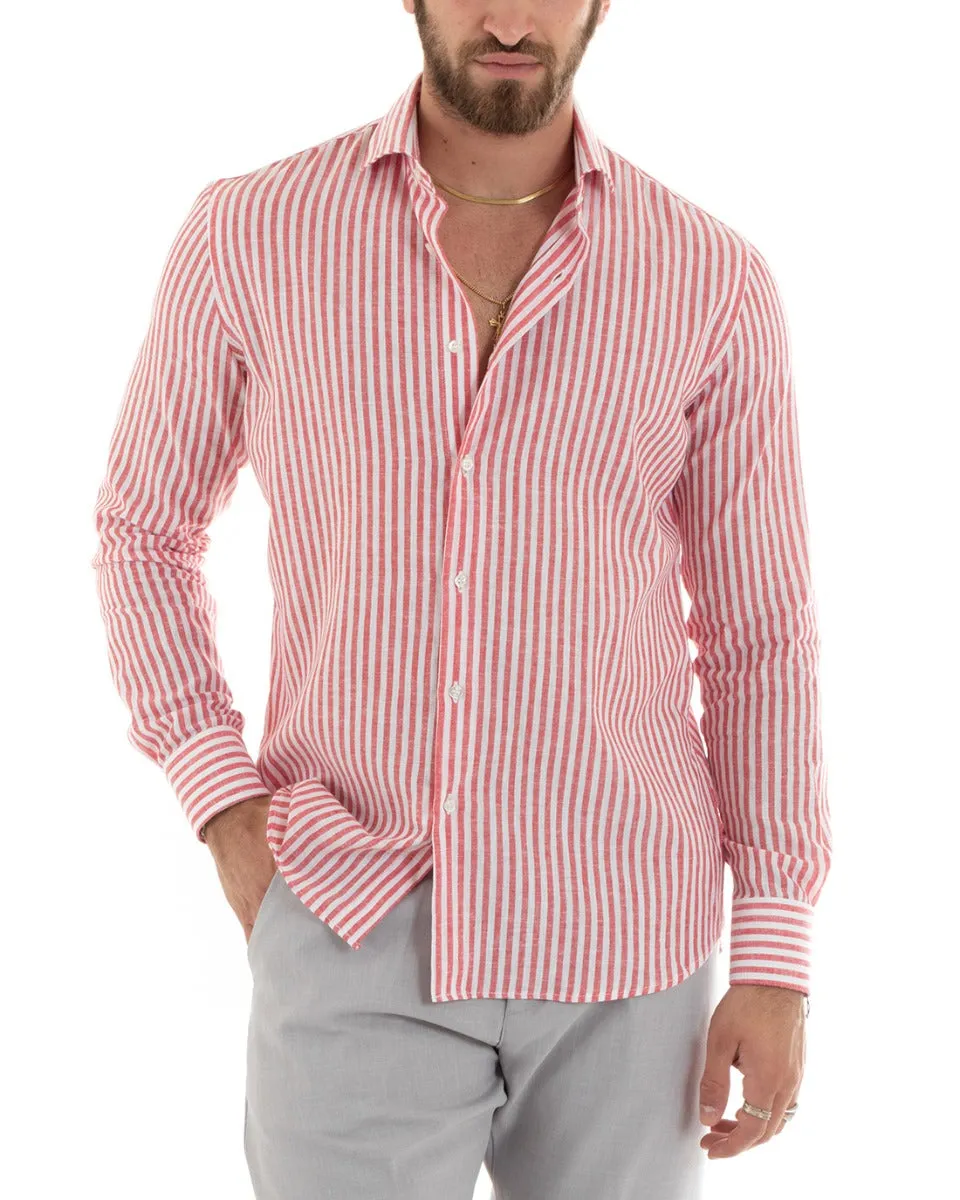 Camicia Uomo Con Colletto Francese Sartoriale Manica Lunga Lino Rigata Stretta Rosso GIOSAL-C2690A