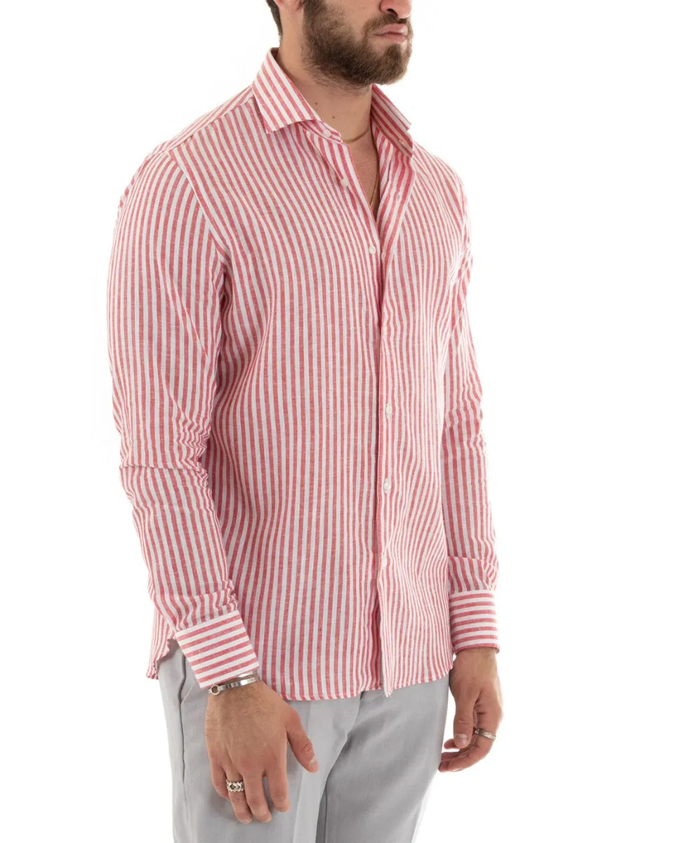 Camicia Uomo Con Colletto Francese Sartoriale Manica Lunga Lino Rigata Stretta Rosso GIOSAL-C2690A