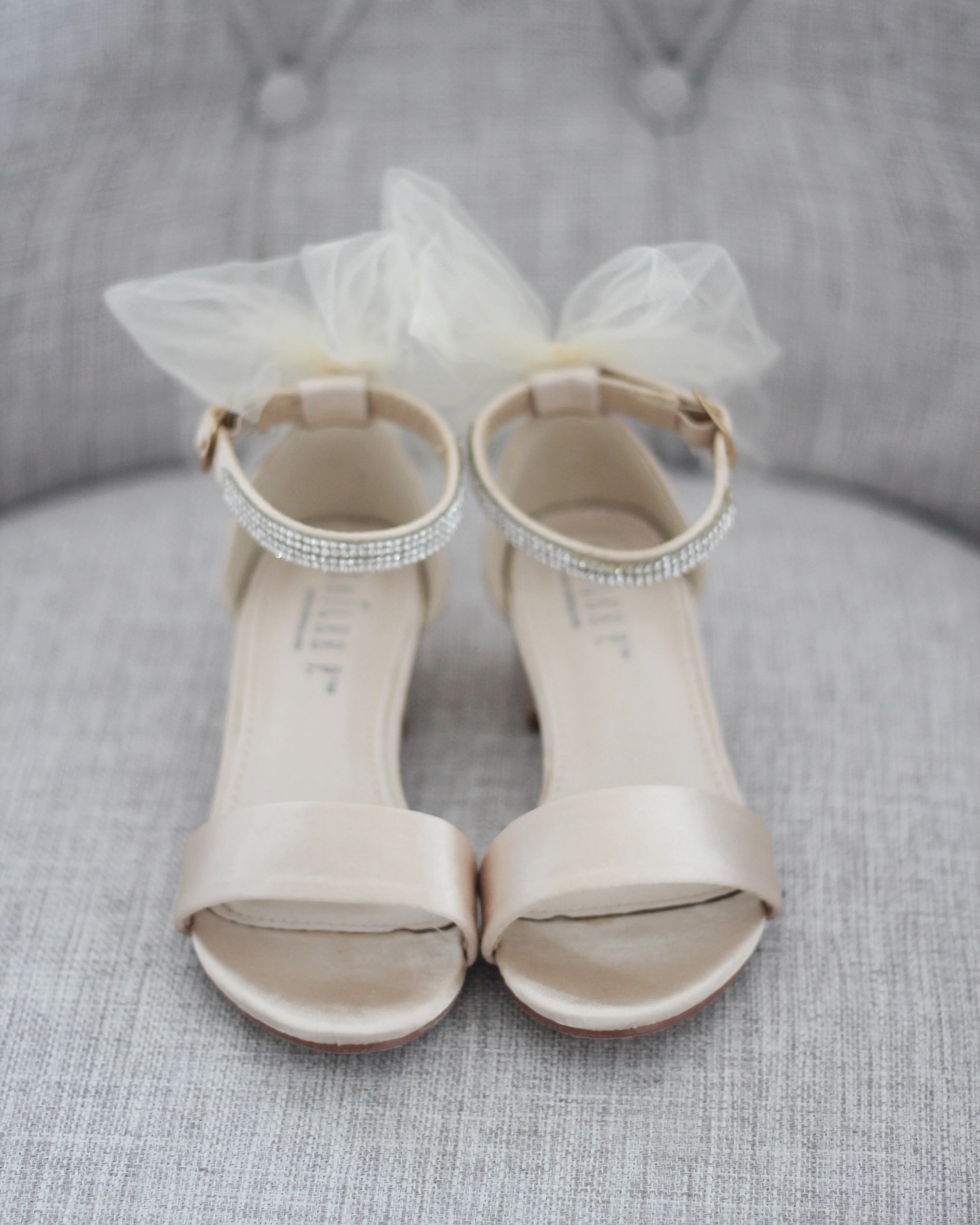 Champagne Satin Girls Block Heel Sandals with Tulle Back Bow