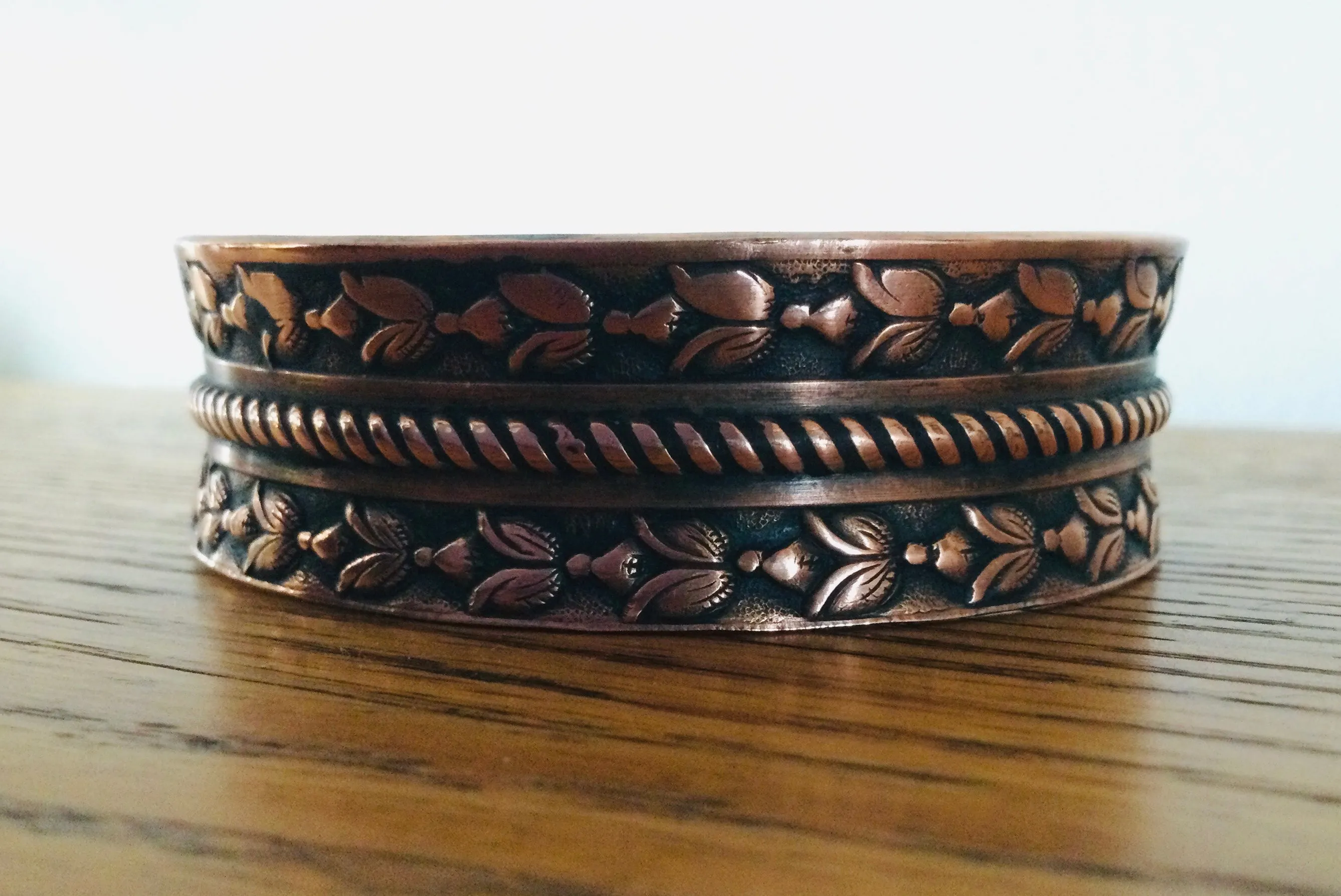 Copper Cuff Bracelet with Rope trim