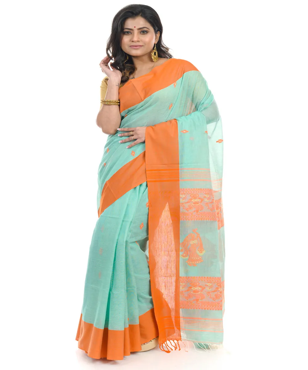 Cyan blue cotton shantipuri handwoven saree