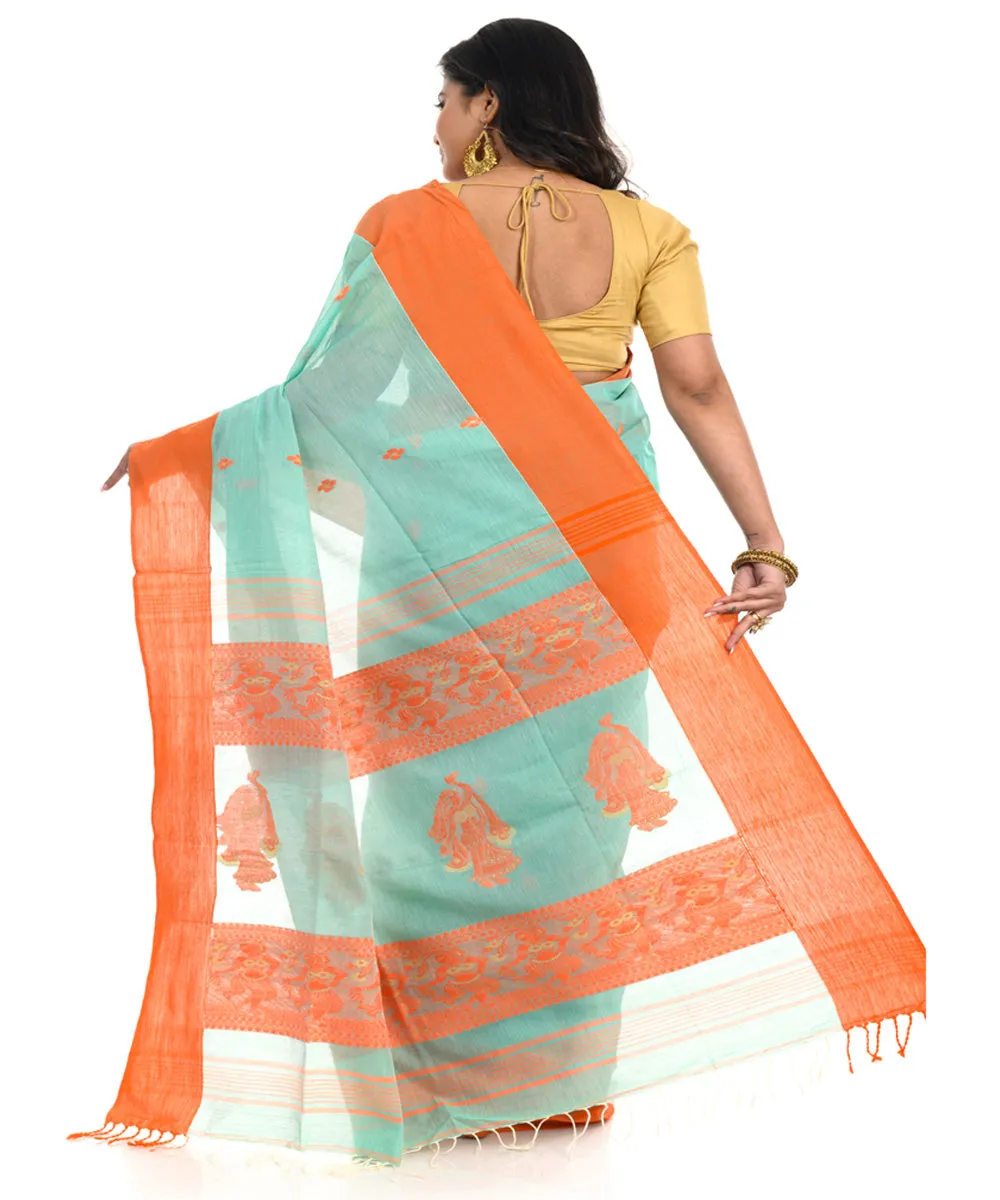 Cyan blue cotton shantipuri handwoven saree