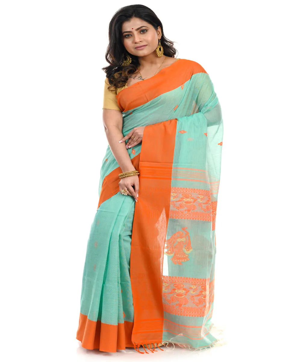 Cyan blue cotton shantipuri handwoven saree