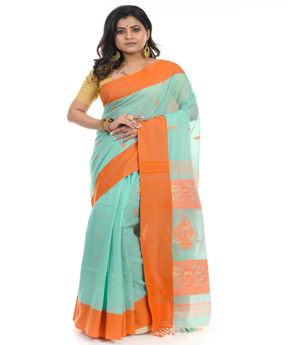 Cyan blue cotton shantipuri handwoven saree