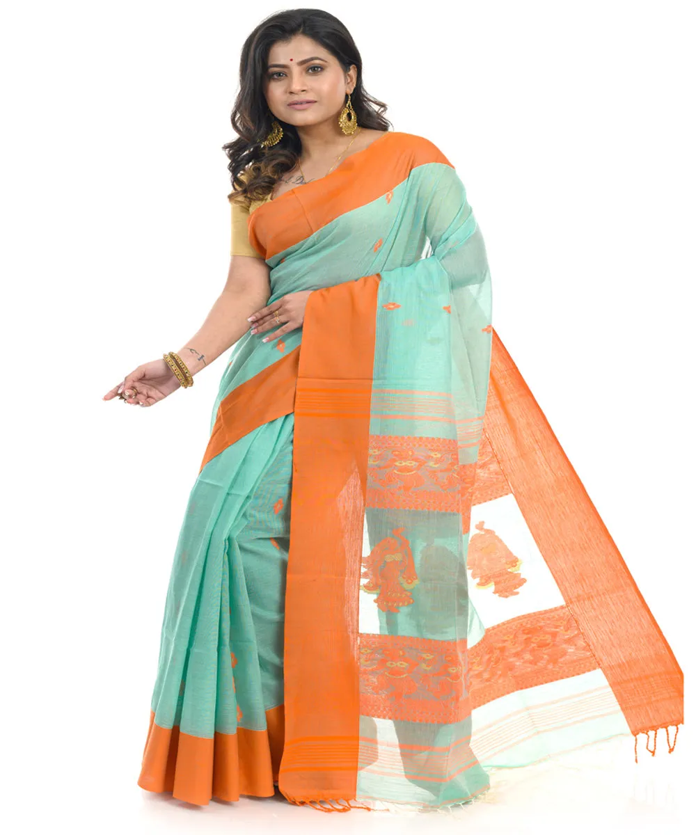 Cyan blue cotton shantipuri handwoven saree