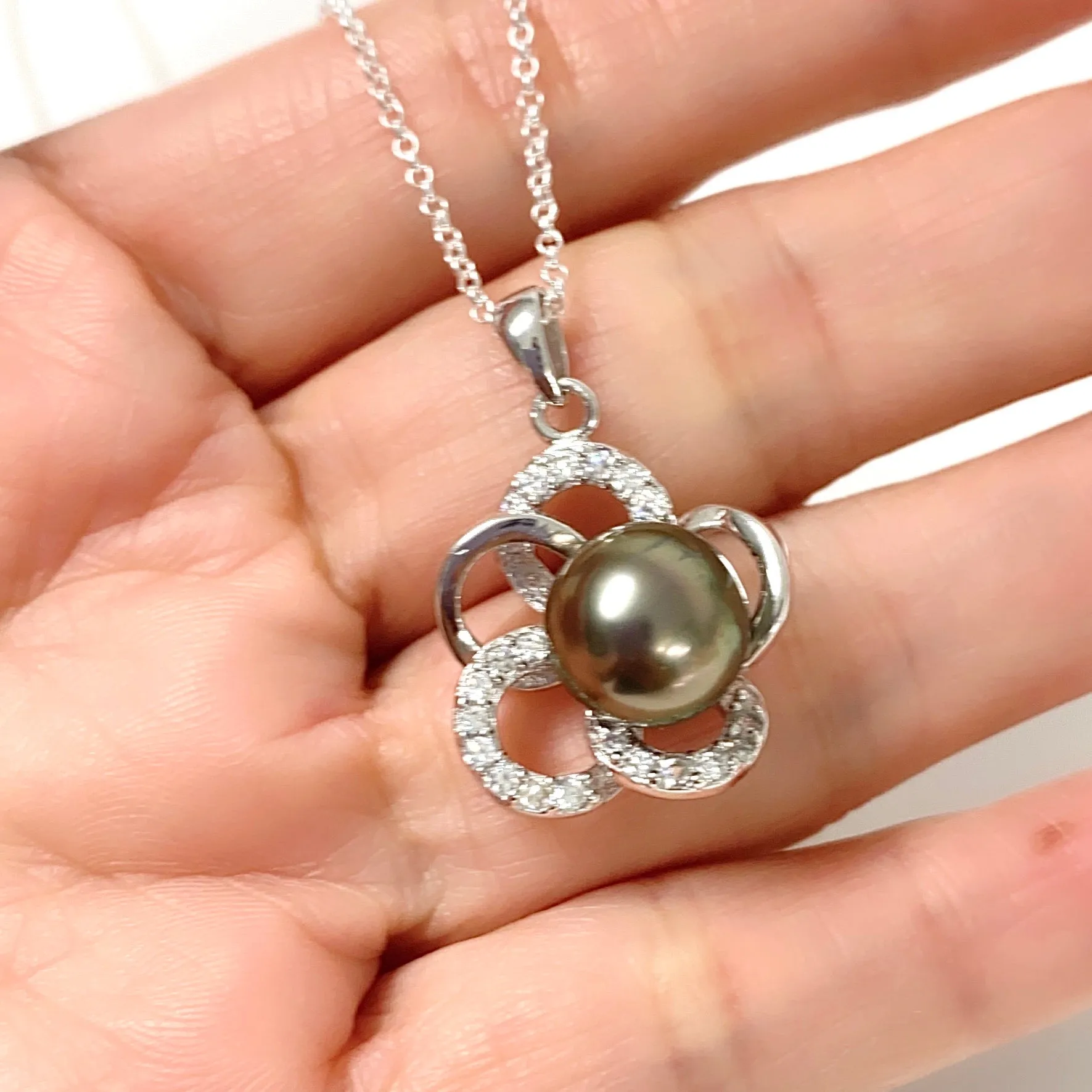 CZ plumeria pendant necklace - Tahitian pearl (N330)