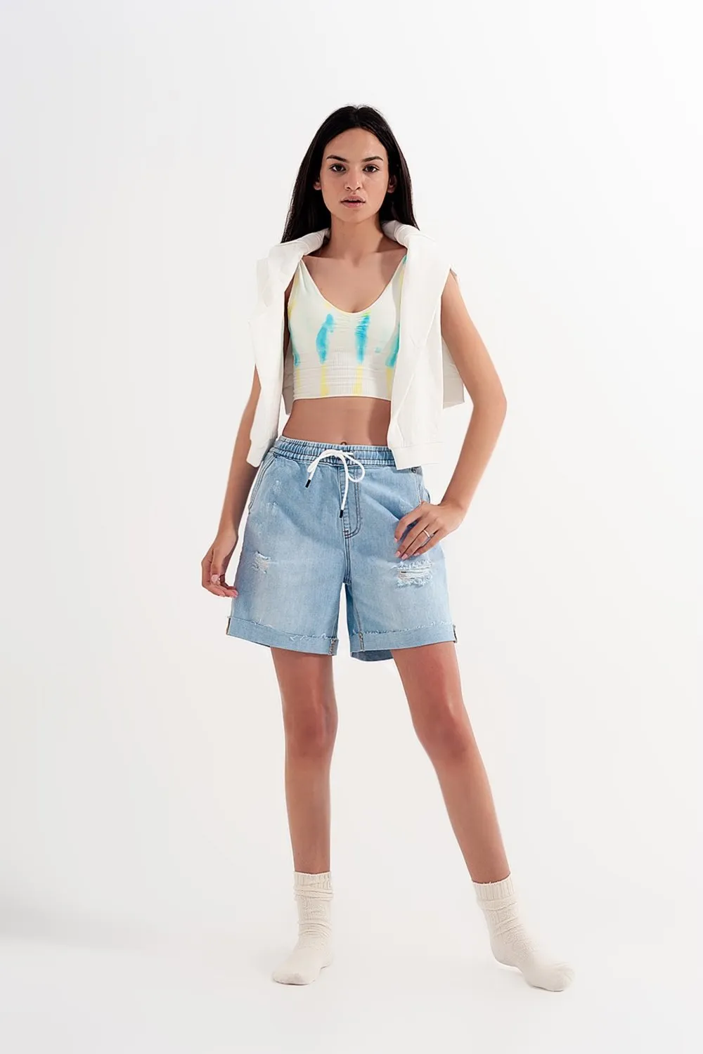 Denim Shorts with Elastic Waist in Wash Blue