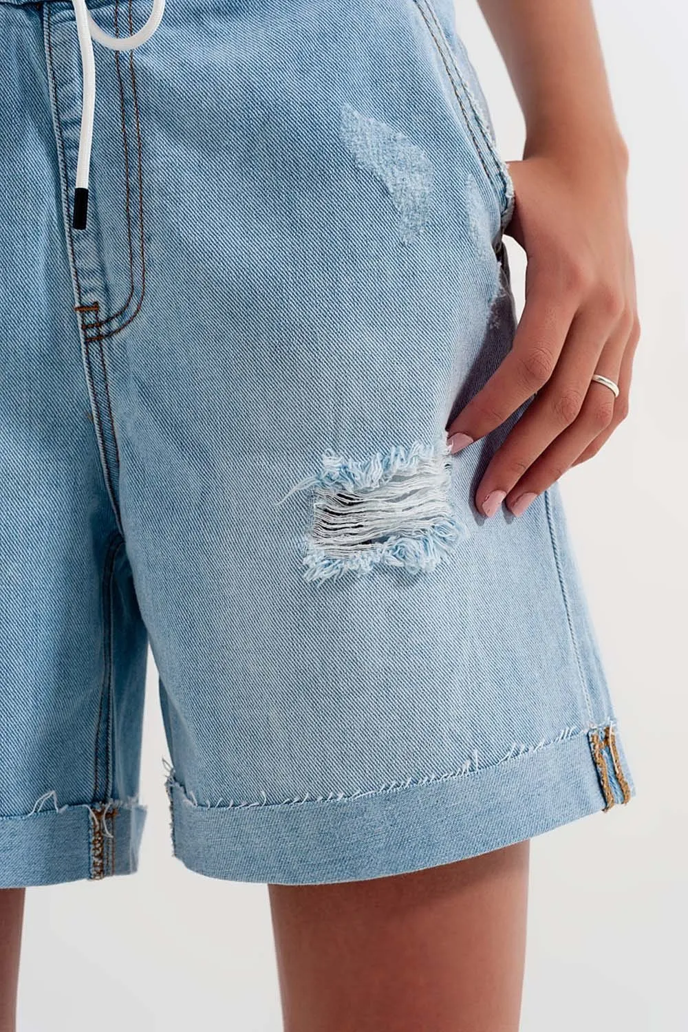 Denim Shorts with Elastic Waist in Wash Blue